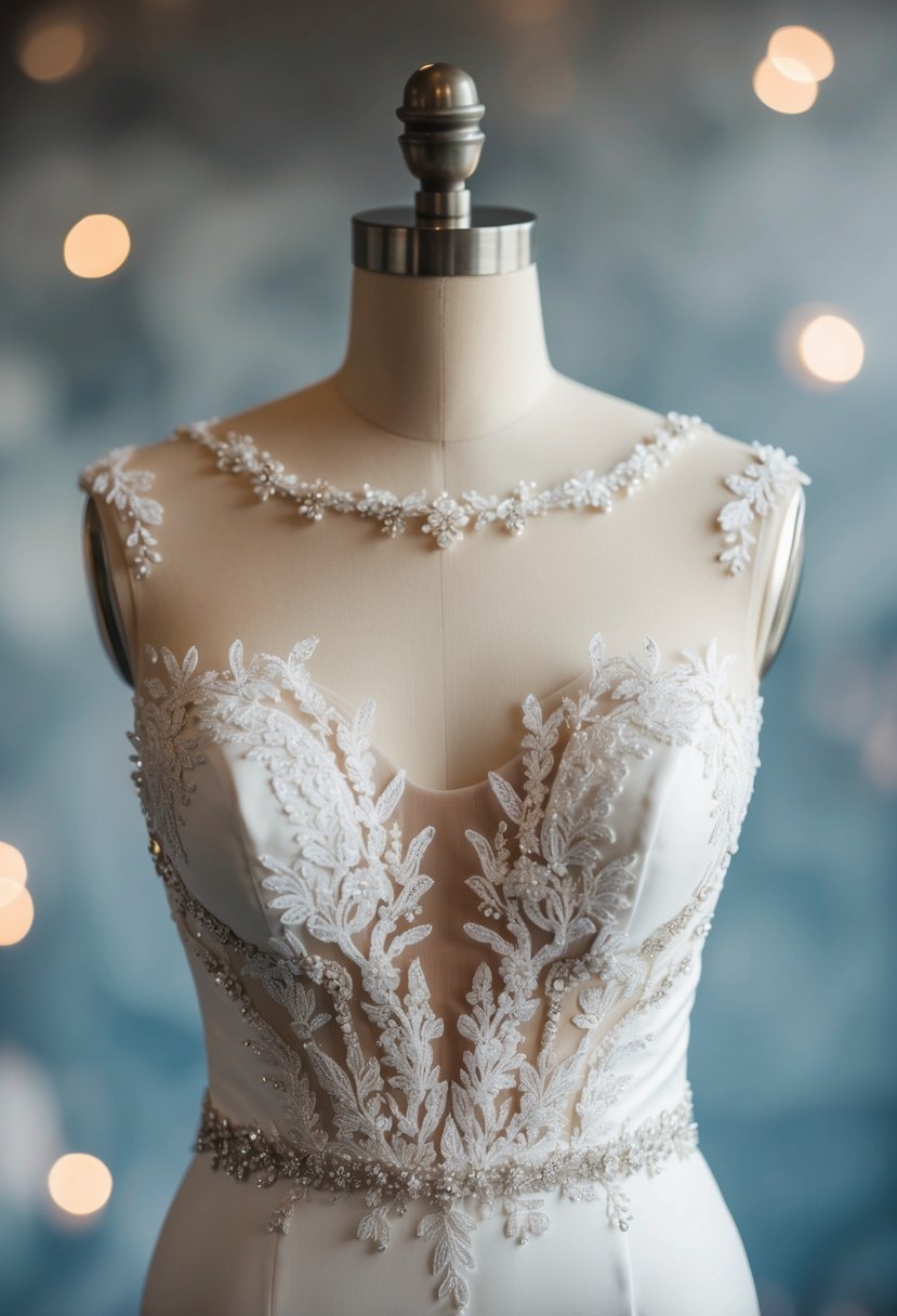 A sleek, form-fitting wedding dress with an illusion neckline, adorned with delicate lace and intricate beading, cascading down the bodice