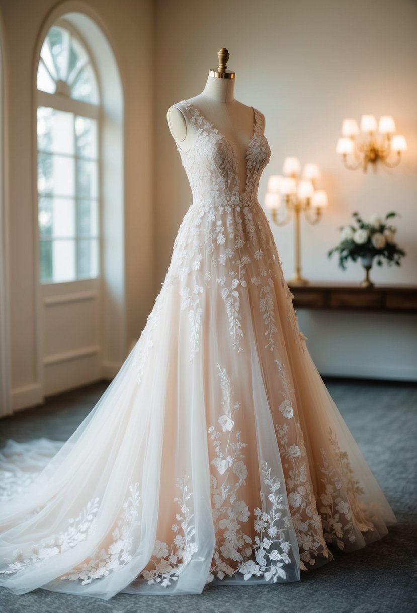 A beautiful tulle gown with delicate floral embroidery cascading down the skirt, creating an elegant and classy wedding dress