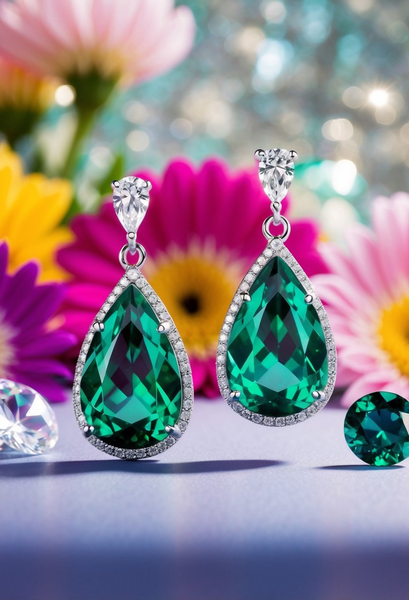 Emerald teardrop earrings shimmering in soft light against a backdrop of vibrant, colorful flowers and sparkling gemstones