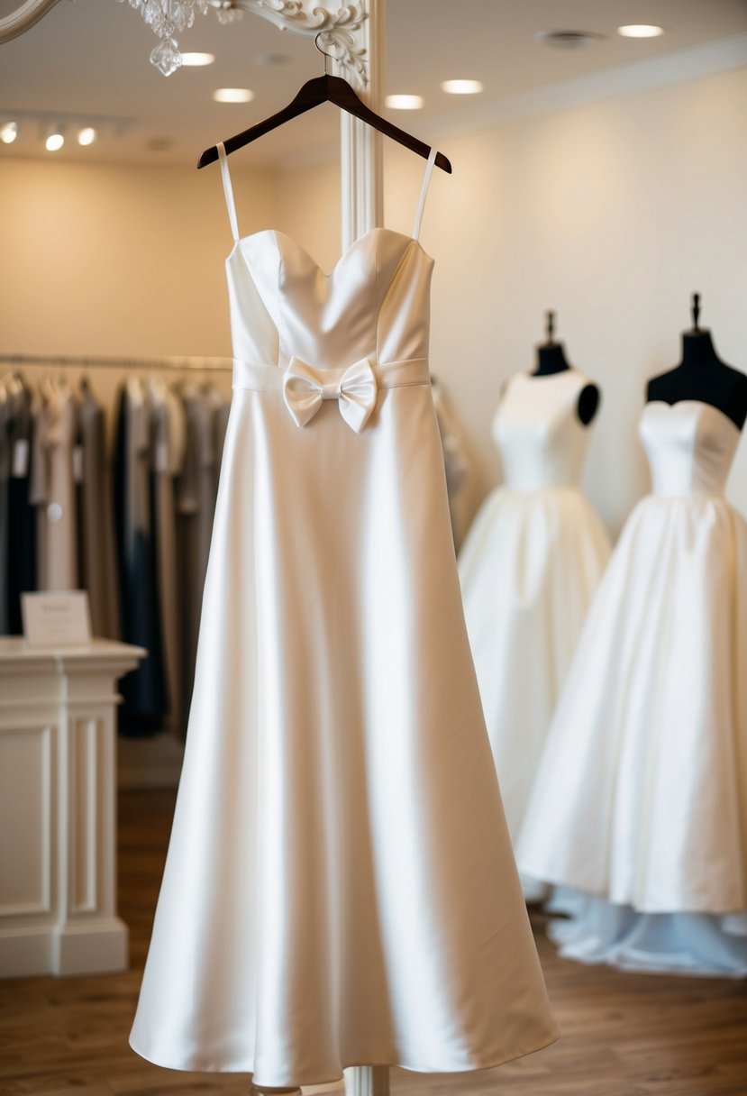 A structured satin wedding dress with a bow detail, hanging on a mannequin in a softly lit, elegant boutique showroom