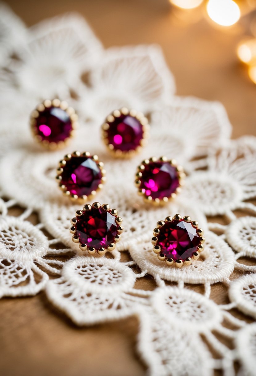 Vibrant ruby studs arranged on a delicate lace background with soft, romantic lighting