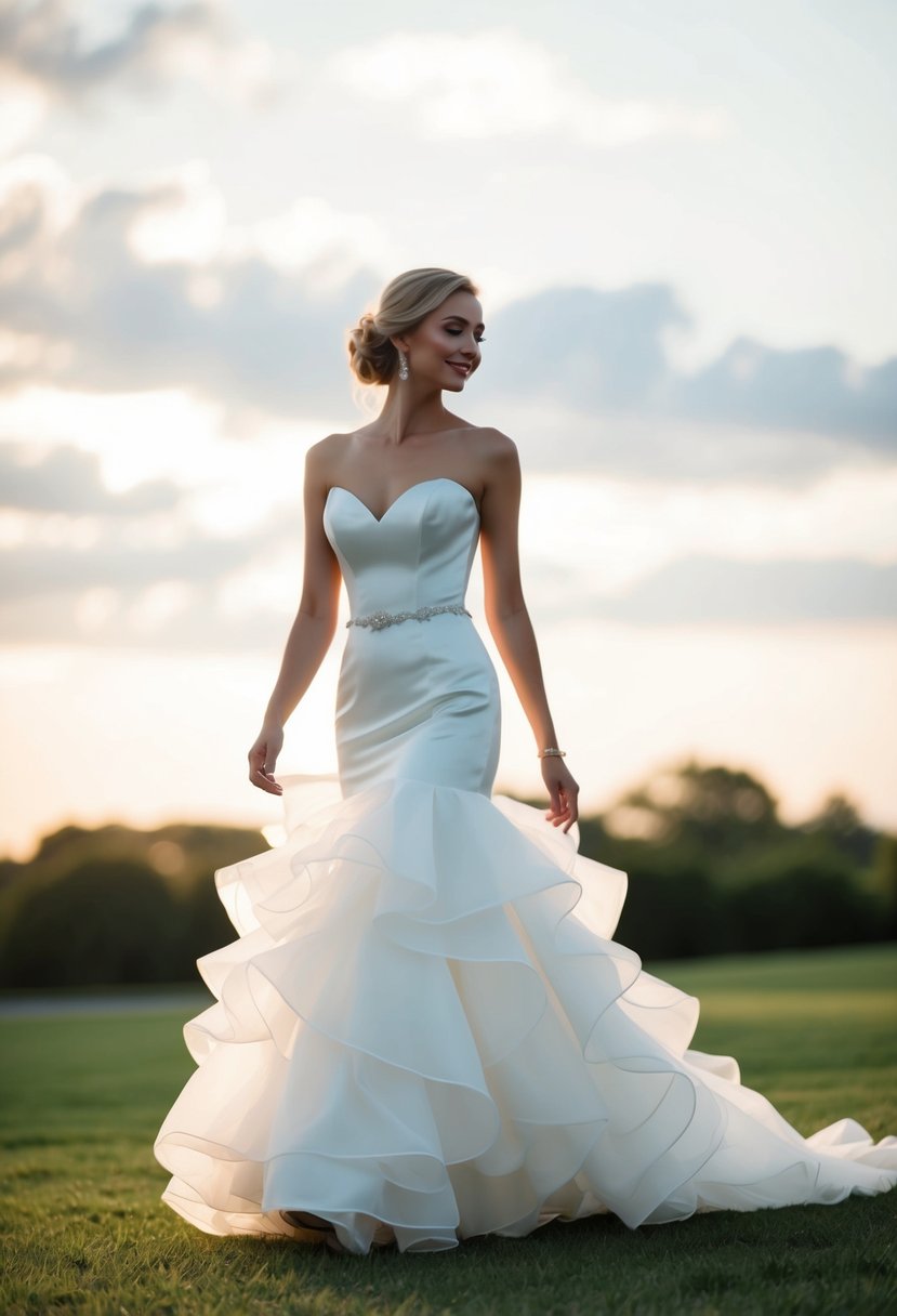 A soft organza wedding dress with a ruffled skirt flowing elegantly in the breeze