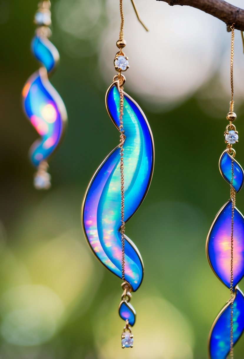 Opal swirls in vibrant hues, cascading from delicate wedding earrings