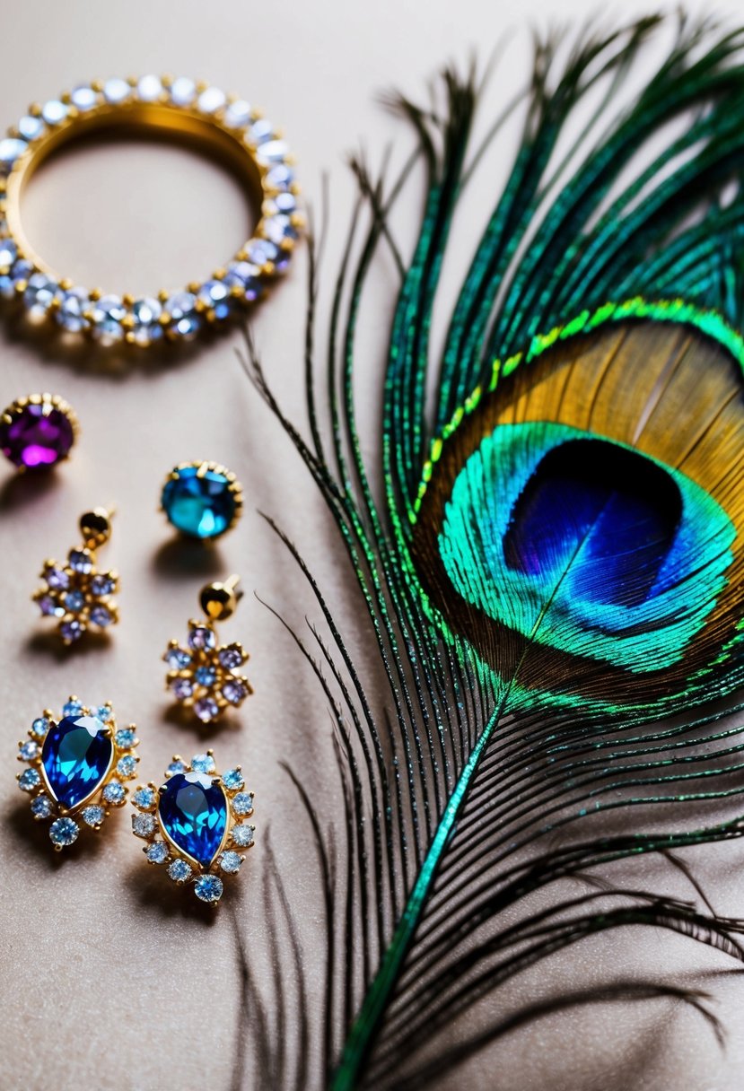 A vibrant peacock feather lays next to a collection of sparkling gemstones and delicate metalwork, inspiring colorful wedding earring designs