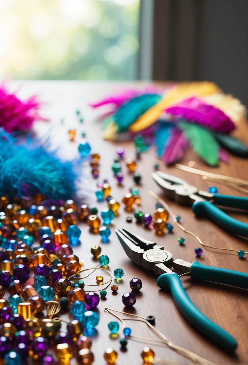 A table scattered with vibrant beads, feathers, and gems, with delicate wire tools and pliers arranged nearby