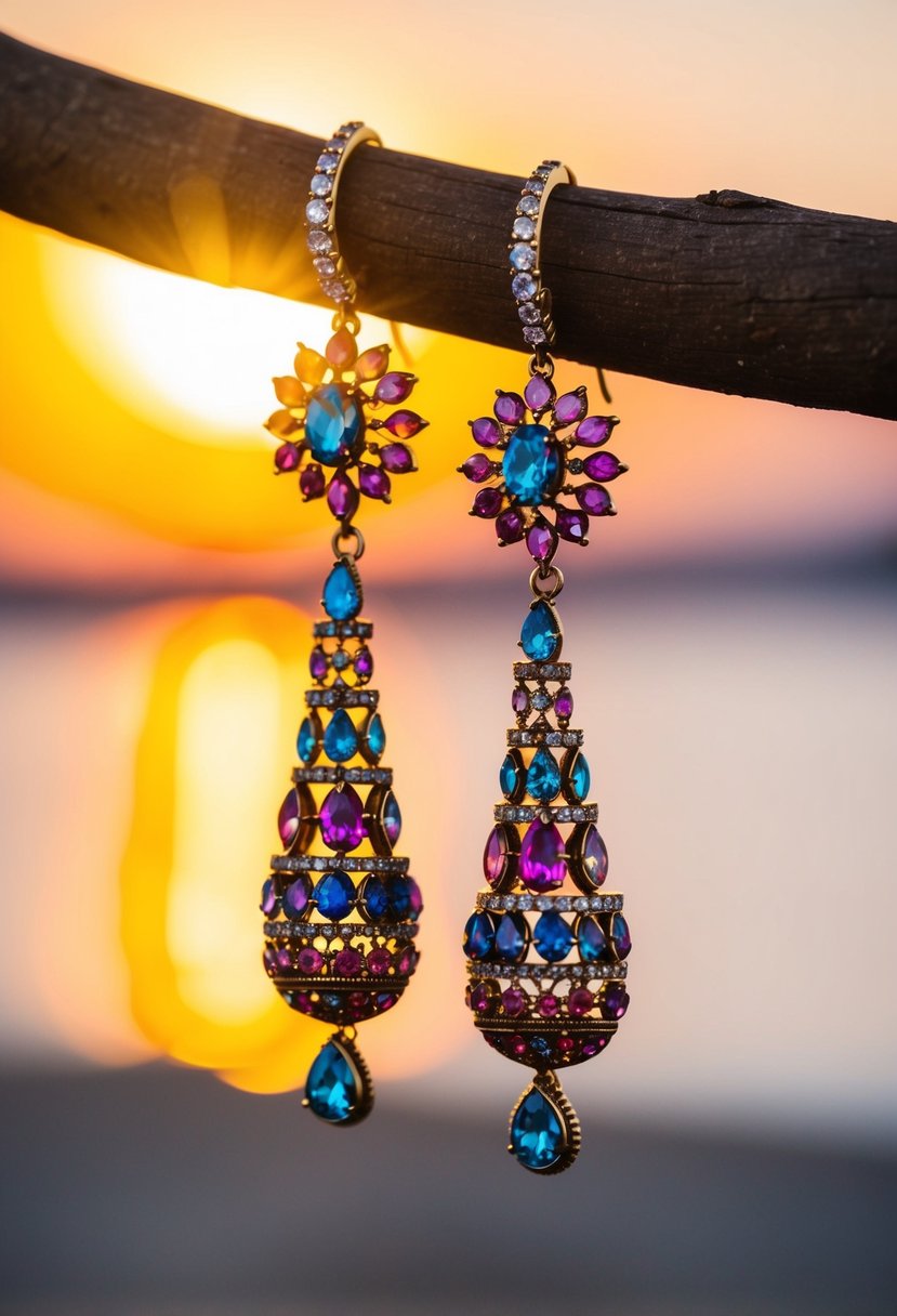 Vibrant sunset hues casting warm light on a pair of elaborate wedding earrings, showcasing a gradient of colorful gemstones and intricate metallic details