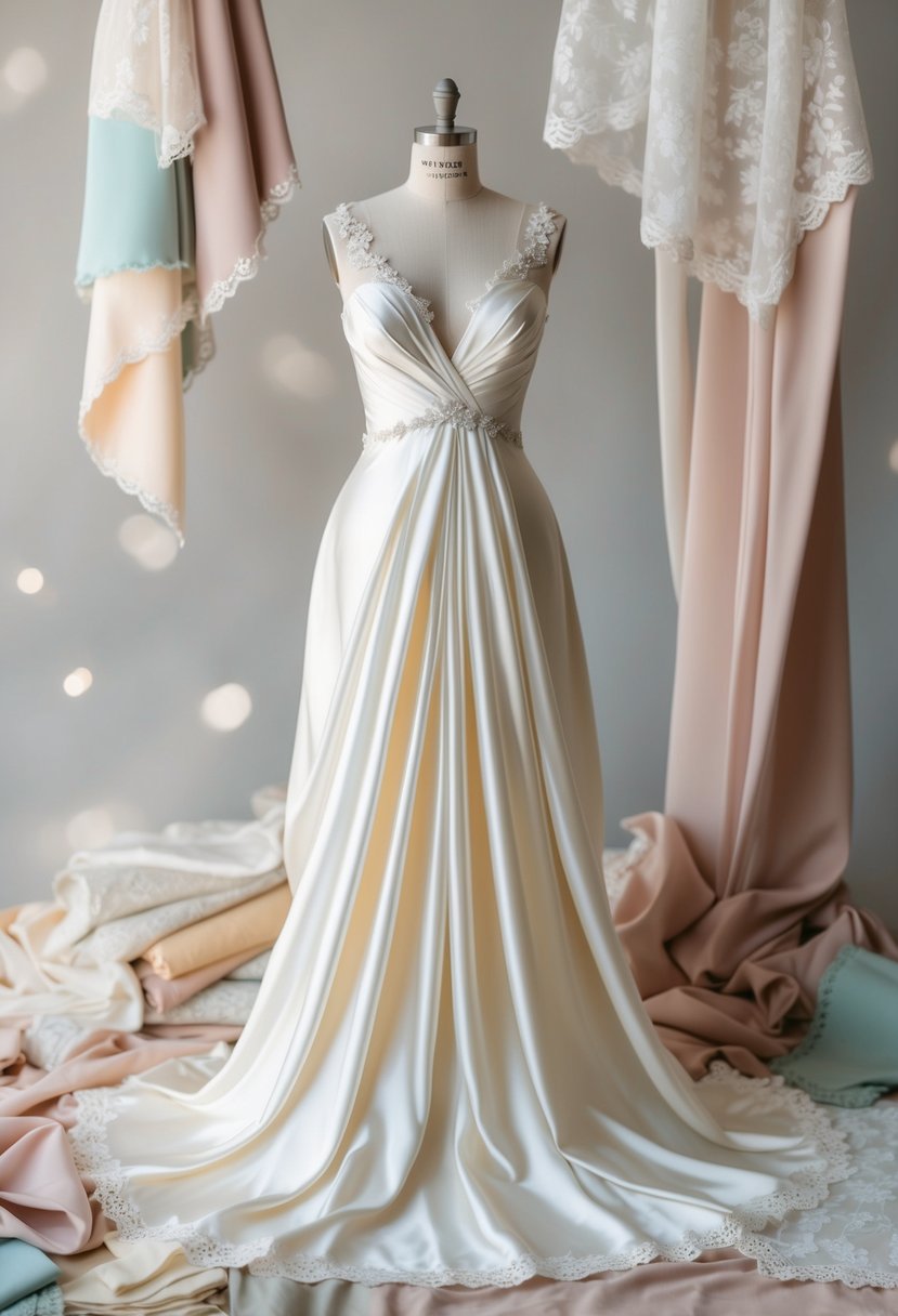 A flowing silk wedding dress draped over a mannequin, surrounded by soft, pastel-colored fabric swatches and delicate lace trimmings