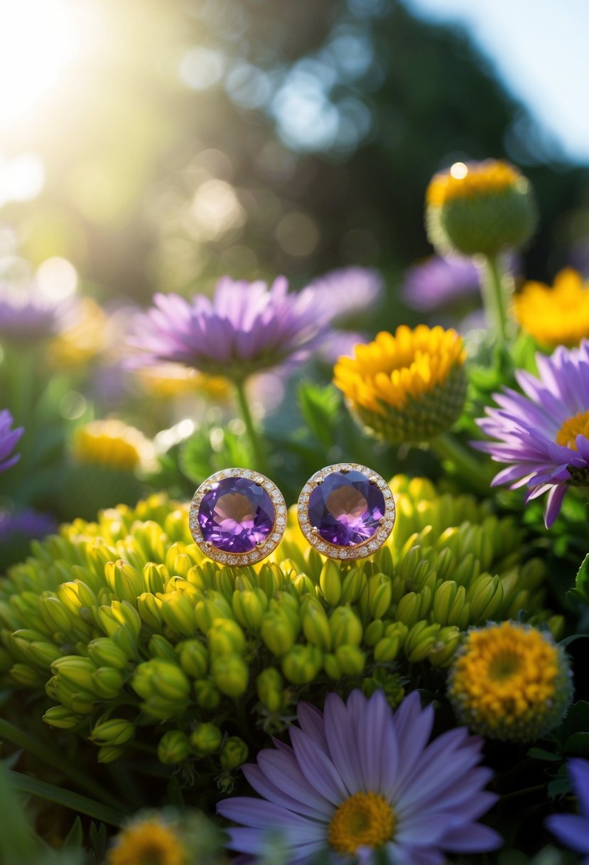 A sparkling amethyst and gold earring nestled among vibrant flowers and lush greenery, catching the sunlight in a whimsical outdoor setting