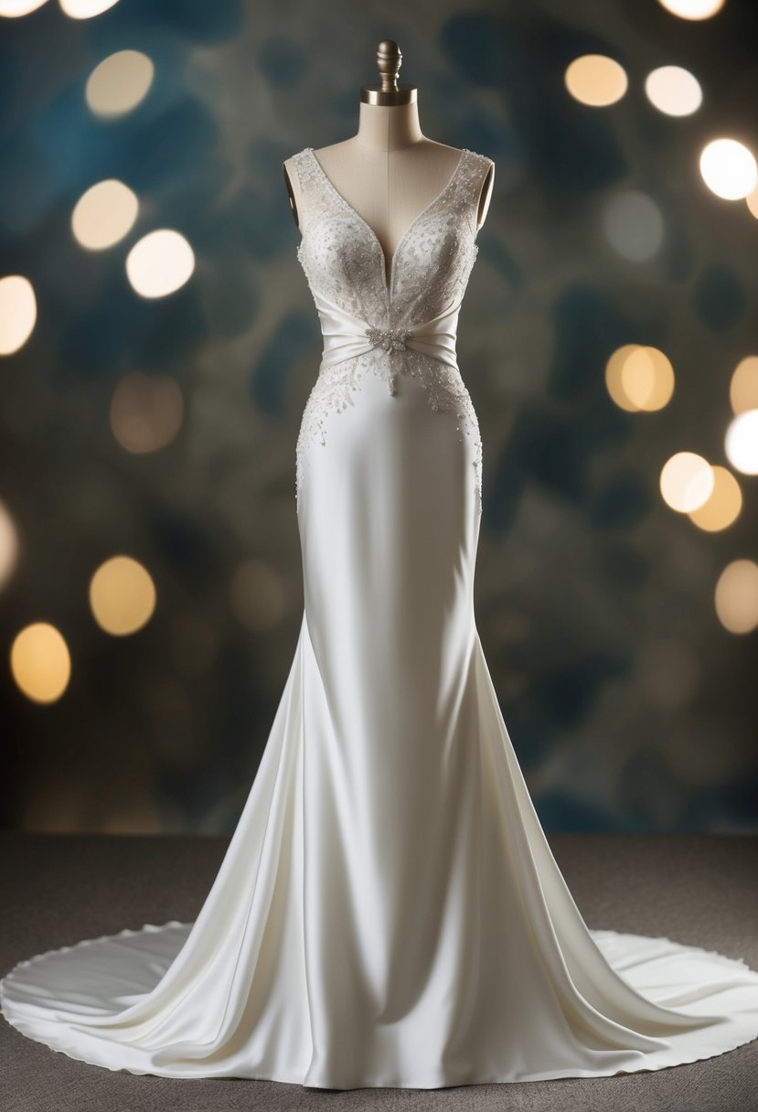 A flowing silk wedding dress with a sleek, elegant sheath silhouette, adorned with delicate lace and intricate beading