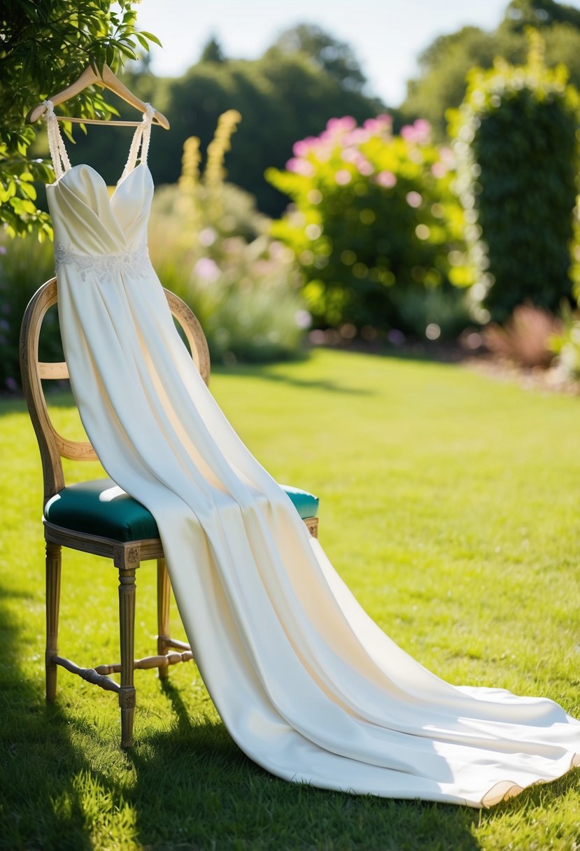 A flowing silk wedding gown draped over a vintage chair in a sunlit bohemian garden