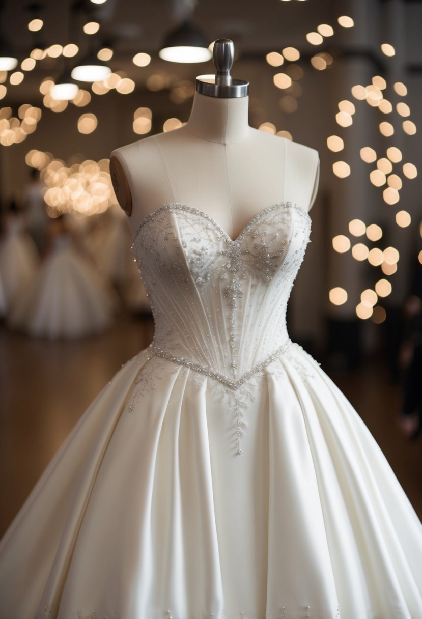 An hourglass-shaped wedding dress with a fitted bodice and a full, flowing skirt, adorned with delicate lace and intricate beading