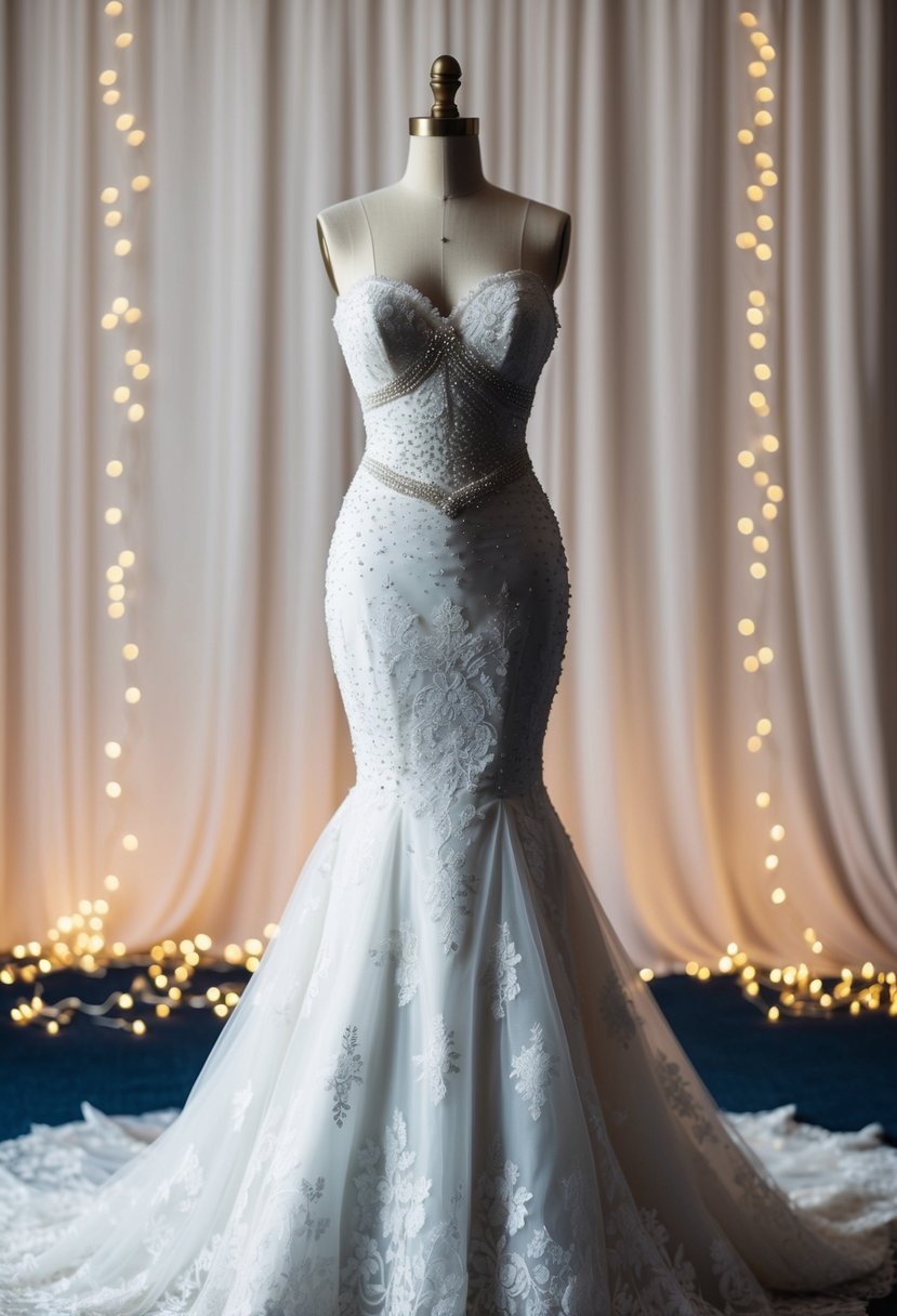 An hourglass-shaped mermaid wedding dress on a mannequin, draped with lace and adorned with delicate beading, set against a backdrop of flowing fabric and sparkling lights