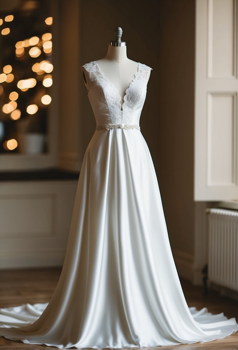 A flowing silk wedding dress on a mannequin, with a classic A-line structure and delicate lace detailing