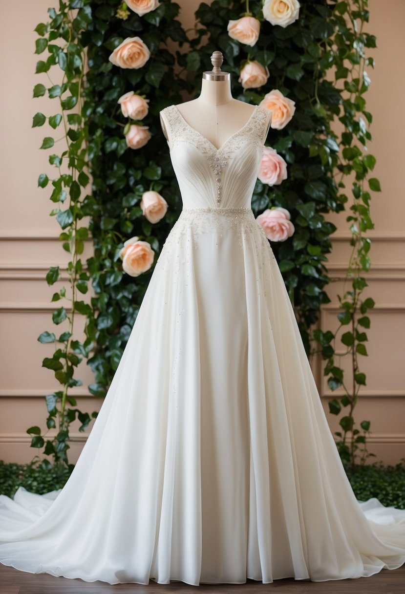 An elegant A-line gown with a fitted bodice and flowing skirt, adorned with delicate lace and shimmering beadwork, set against a romantic backdrop of blooming roses and trailing ivy