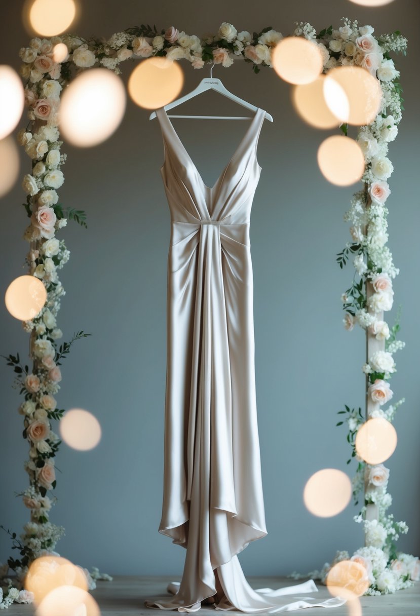 A flowing v-neck silk gown draped over a hanger, surrounded by soft lighting and delicate floral accents