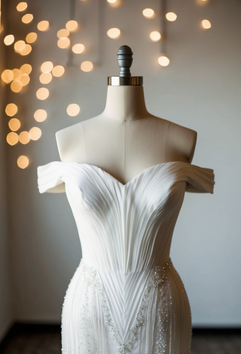 An off-the-shoulder hourglass shape wedding dress on a mannequin