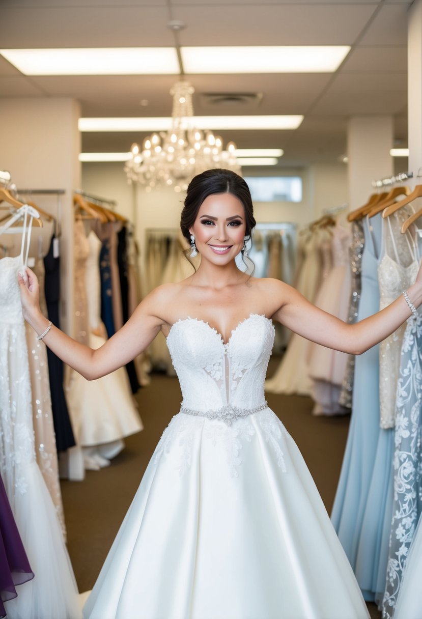 A bride in an hourglass-shaped trumpet wedding dress, surrounded by dress ideas in a bridal shop