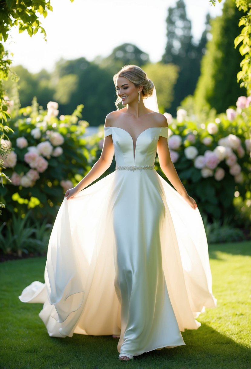 A bride twirls in a flowy silk wedding dress with an off-the-shoulder neckline, surrounded by lush garden flowers and soft sunlight