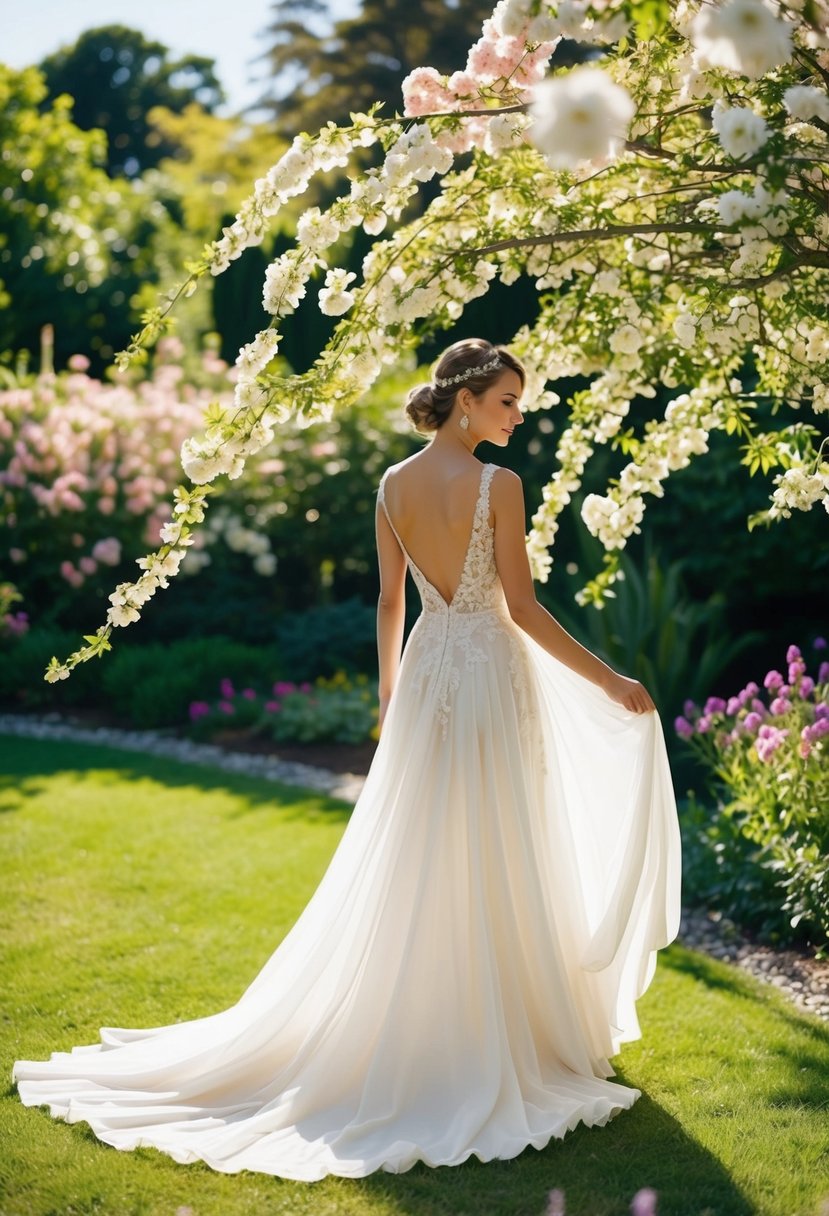 A garden setting with blooming flowers, flowing fabric, and dappled sunlight, showcasing elegant and romantic summer wedding dress ideas