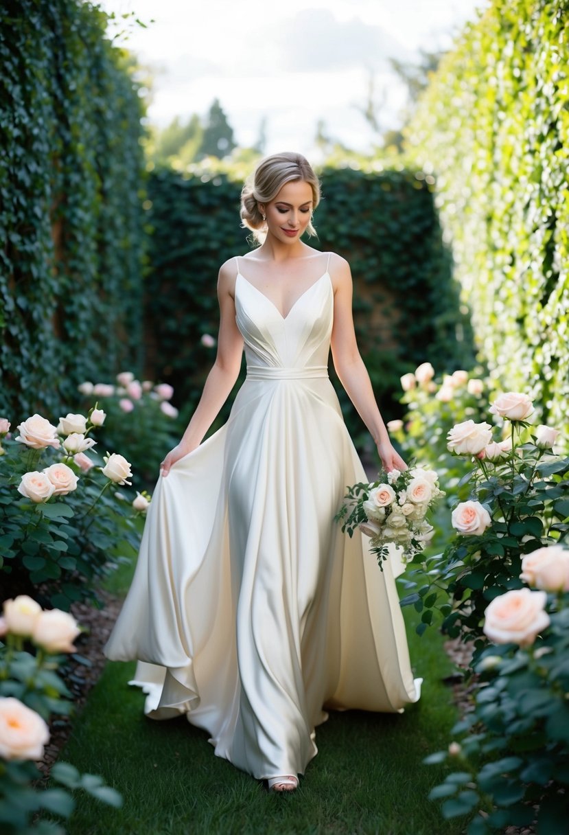 A bride stands in a garden, wearing a flowing vintage-inspired silk wedding dress, surrounded by blooming roses and ivy-covered walls