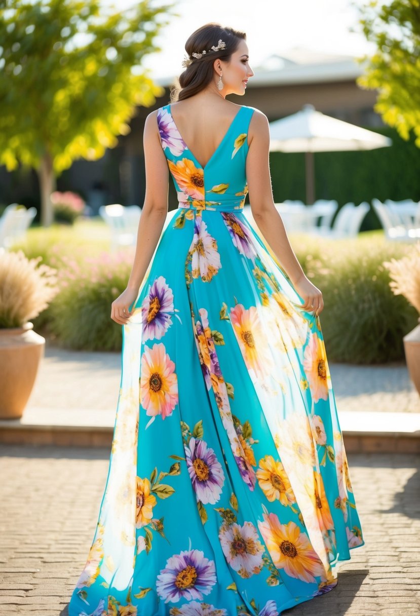 A flowing maxi dress with a vibrant floral print, set against a backdrop of a sunny outdoor wedding venue