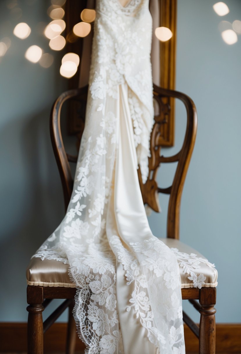 A delicate lace and silk wedding dress draped over a vintage wooden chair