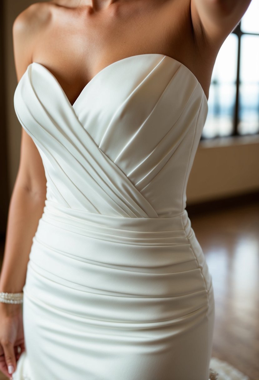 A wedding dress with ruching at the waist creates an elegant hourglass silhouette