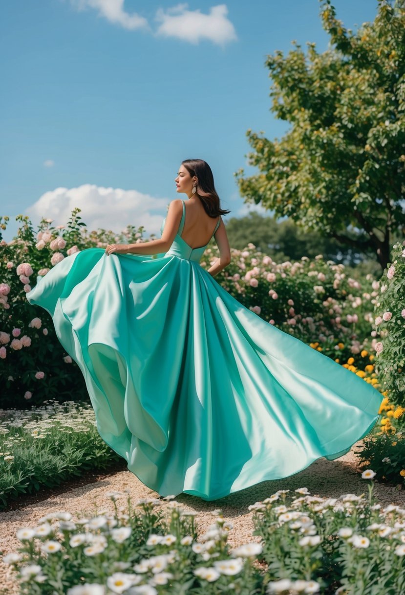 A flowing silk seafoam green gown billows in the breeze, surrounded by a garden of blooming flowers under a bright summer sky