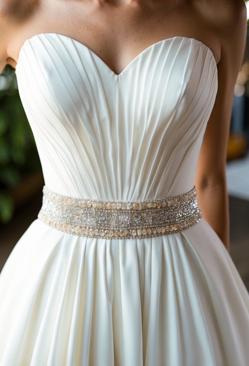 A wedding dress with a beaded belt cinching the waist, creating an hourglass shape