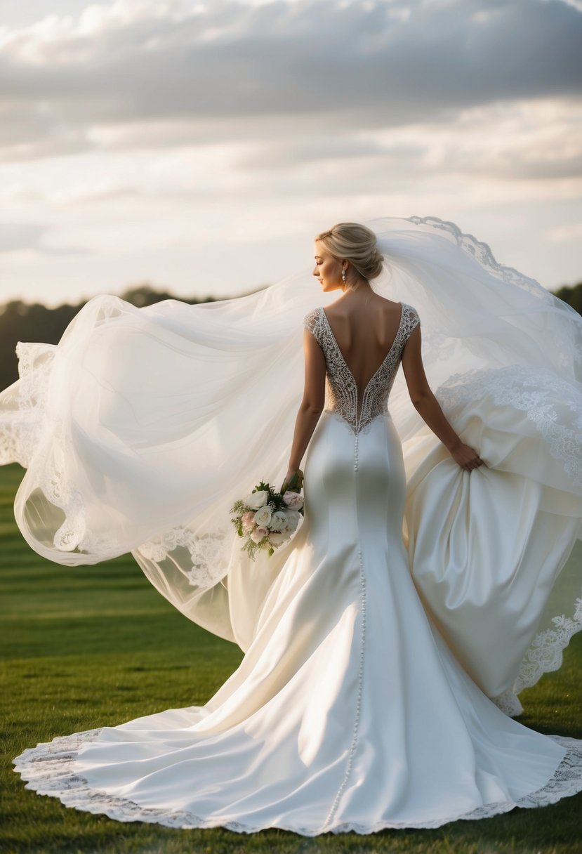 A flowing silk wedding dress billows in the wind as a train dramatically cascades behind, adorned with intricate lace and beading