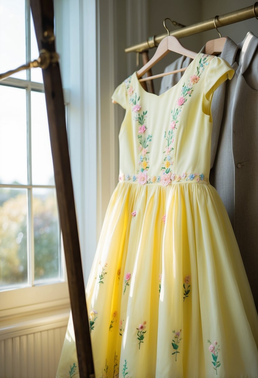 A soft breeze ruffles the pastel yellow tea-length dress, adorned with delicate floral embroidery, as it hangs on a vintage coat rack in a sunlit room