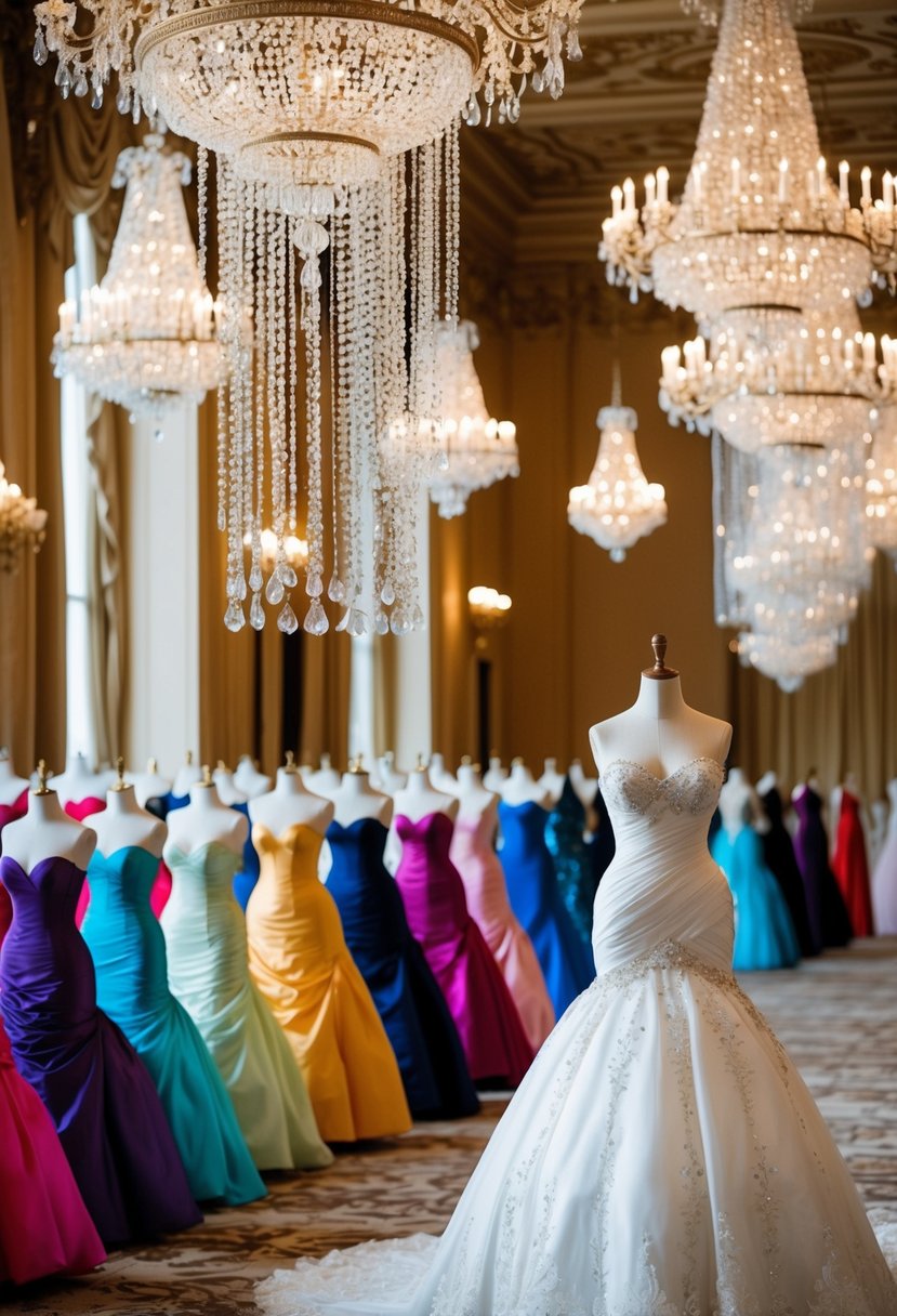 Opulent ballroom with cascading chandeliers, rows of corseted ball gowns in various colors, and elegant hourglass-shaped wedding dress on a mannequin