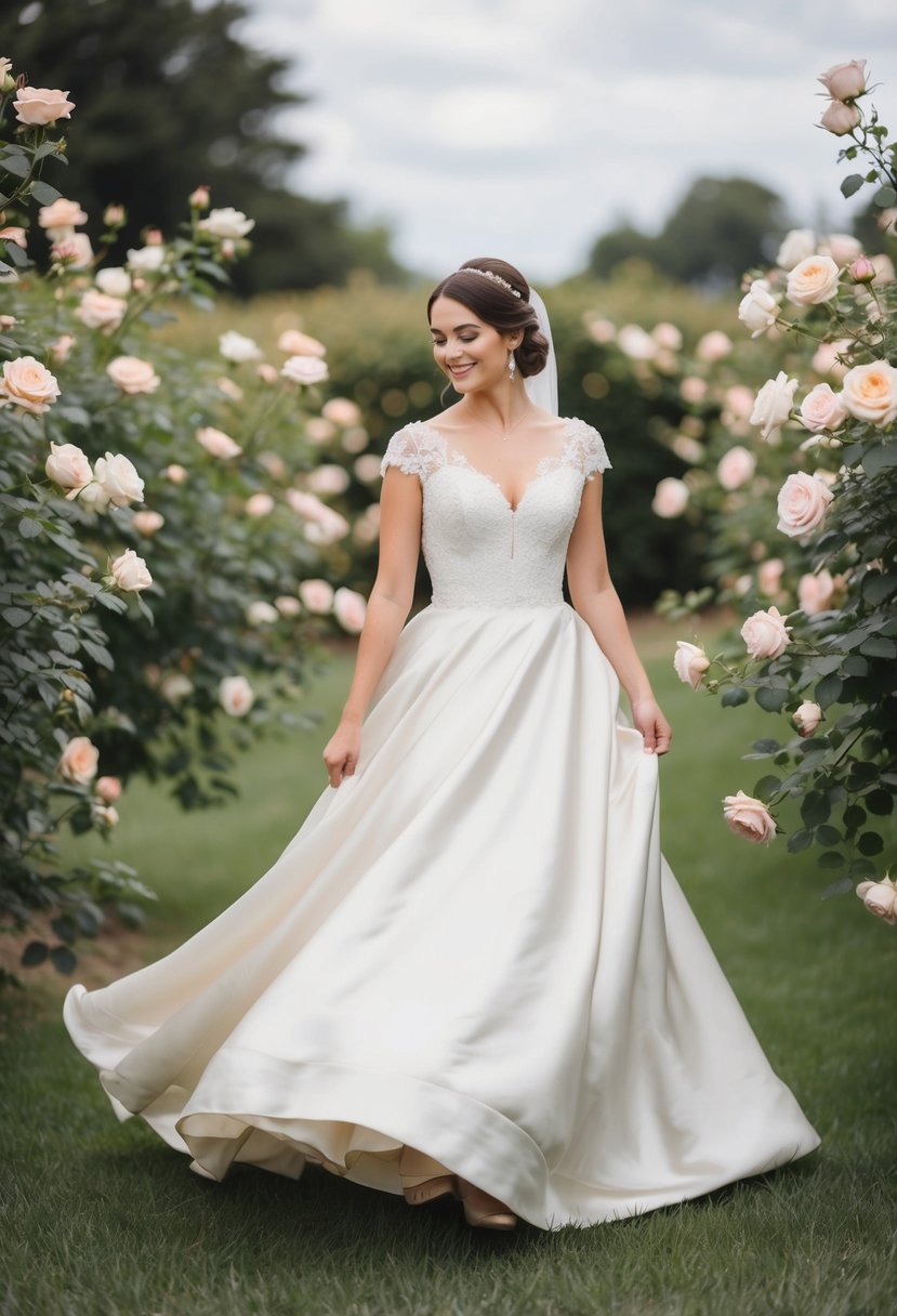 A bride twirls in a tea-length silk gown, surrounded by blooming roses and delicate lace details