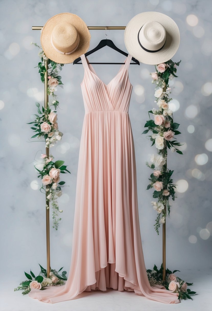 A flowing, pastel-colored midi dress draped over a hanger, surrounded by delicate floral accessories and a sun hat