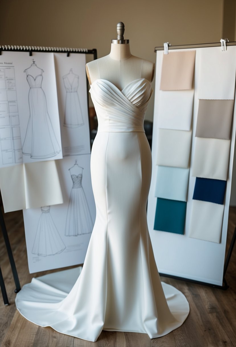 A mannequin wearing a sheath dress with an hourglass silhouette, surrounded by wedding dress design sketches and fabric swatches