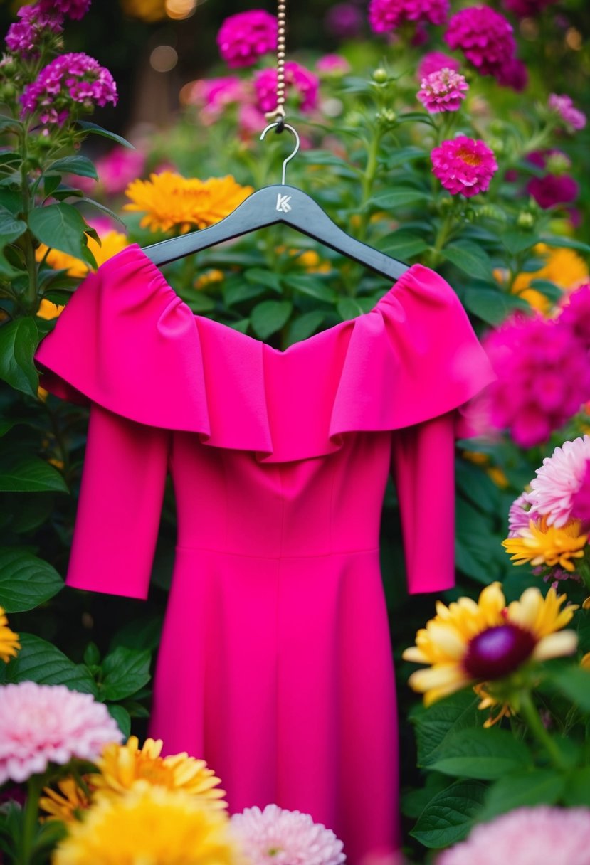 A bold pink off-shoulder dress hanging on a hanger, surrounded by vibrant summer flowers