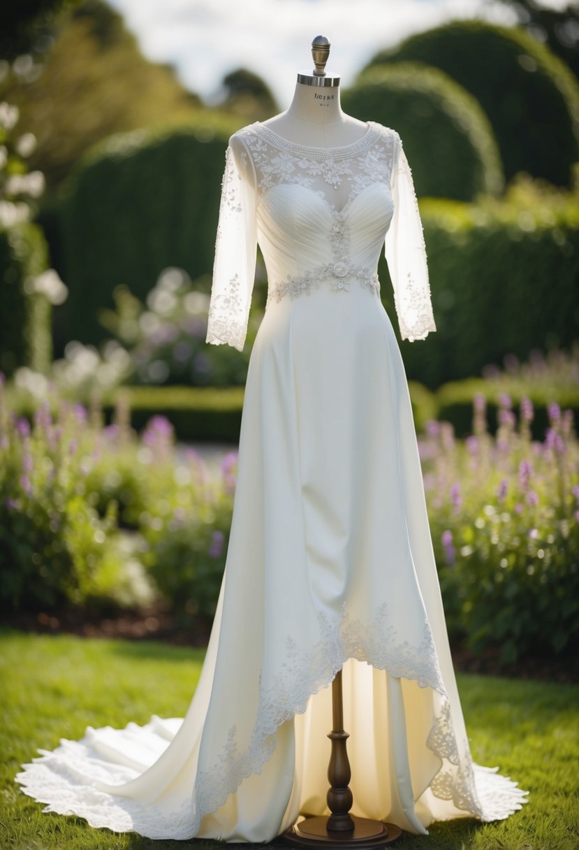 A flowing silk wedding dress with a high-low hem, adorned with delicate lace and intricate beading, set against a backdrop of a romantic garden