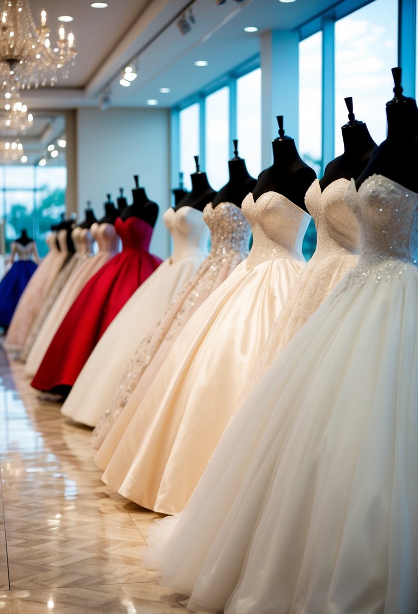 A row of elegant ballgown wedding dresses, each with a distinct hourglass shape silhouette, displayed on mannequins in a luxurious bridal boutique