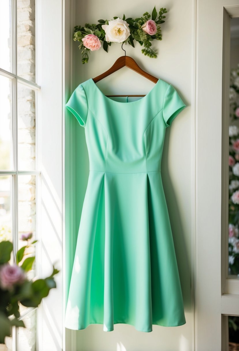 A mint green A-line dress hanging on a hanger in a sunlit room with floral accents