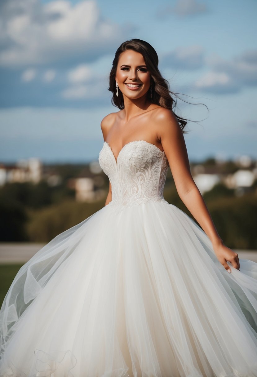 A bride twirls in a full tulle skirt, accentuating her hourglass shape