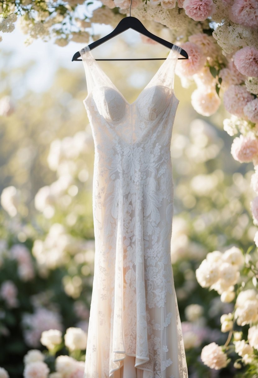 An elegant ivory lace gown draped over a hanger, with delicate floral details and a flowing silhouette, set against a backdrop of soft, pastel blooms and dappled sunlight