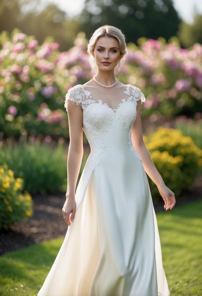 A flowing silk wedding dress with delicate cap sleeves, adorned with intricate lace and pearl details, set against a backdrop of a blooming garden