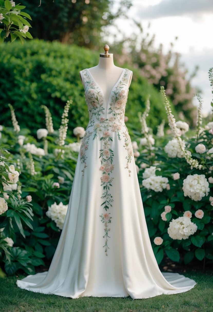 A flowing silk wedding dress adorned with intricate floral embroidery, set against a backdrop of lush greenery and delicate blossoms