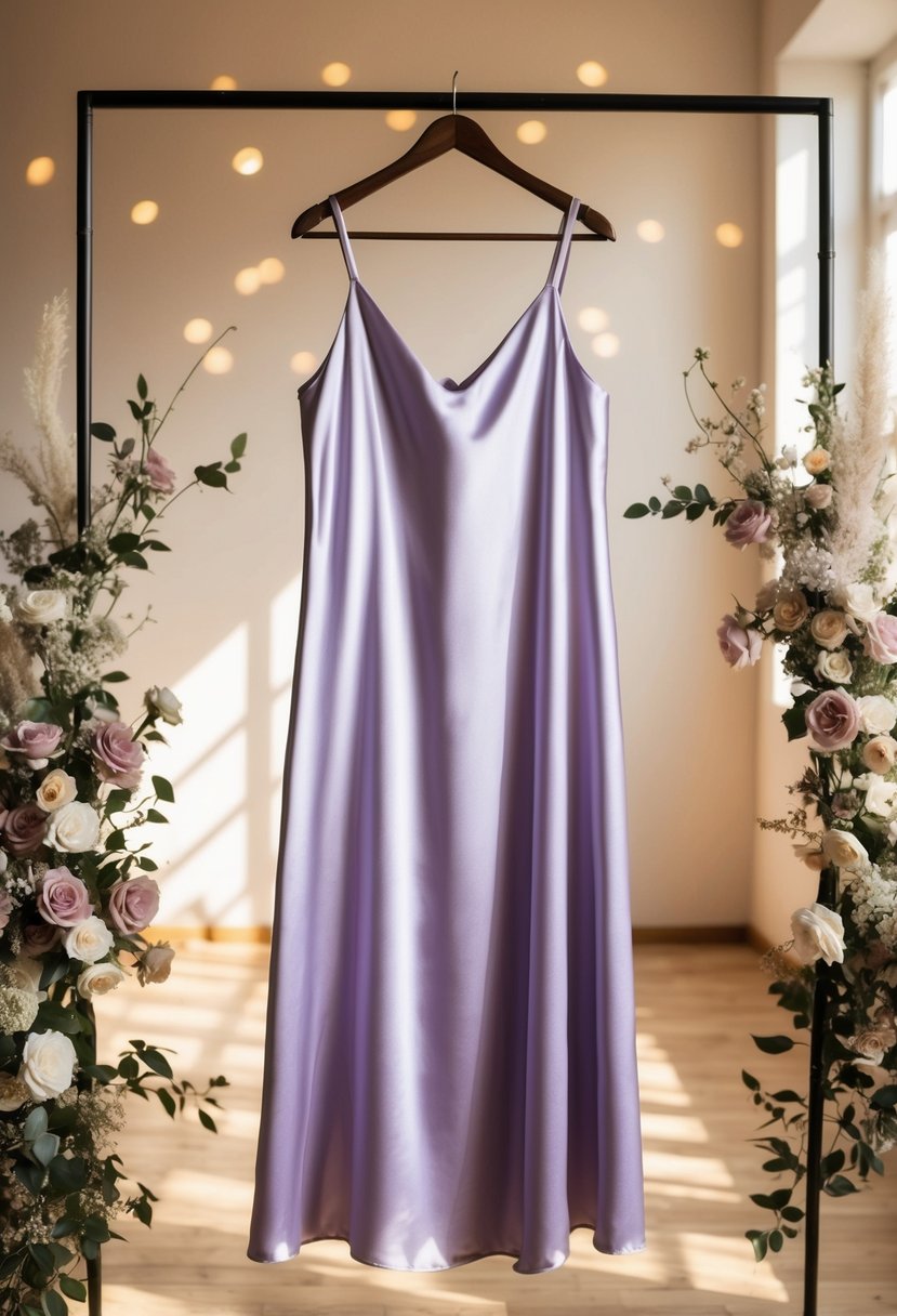 A soft, flowing lilac satin slip dress hangs on a hanger in a sunlit room, surrounded by delicate floral arrangements and dappled with warm, golden light