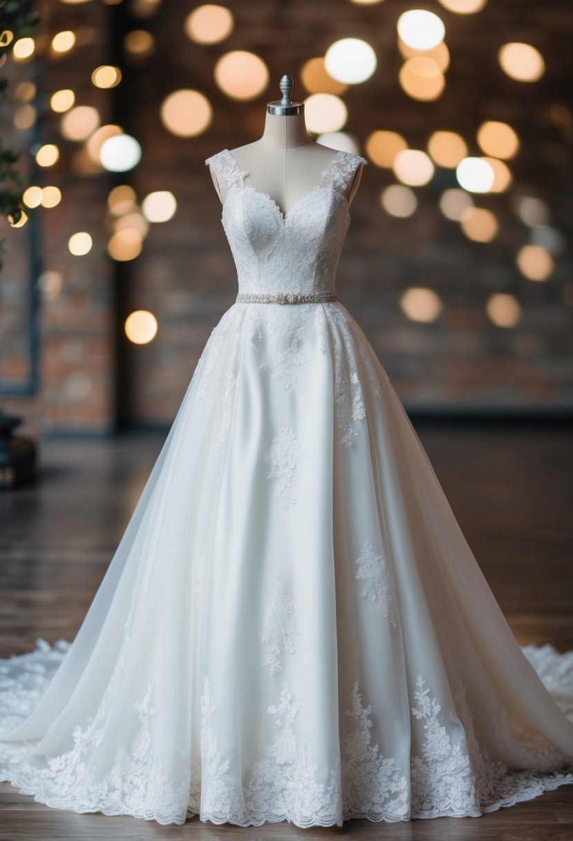 A cinched waist wedding dress with an hourglass silhouette, adorned with delicate lace and a flowing train