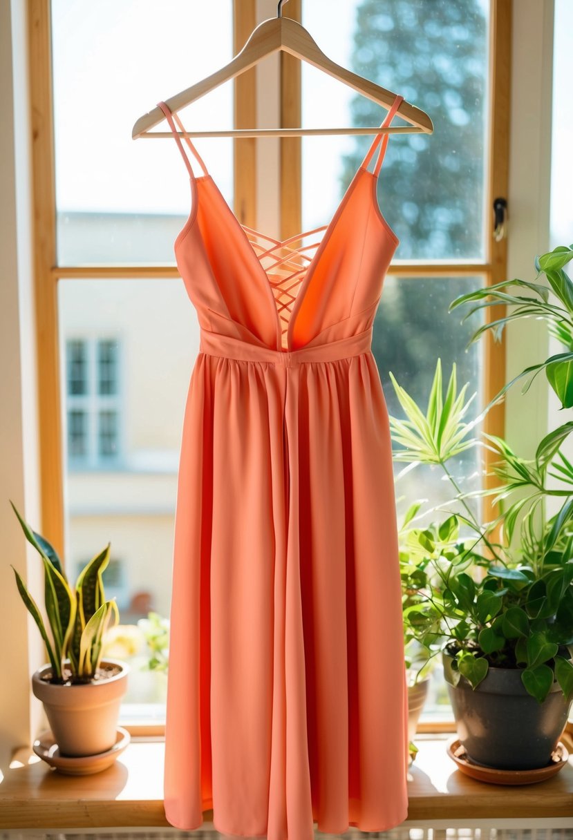 A coral dress with strappy back, hanging on a hanger in a sunlit room with a window and potted plants