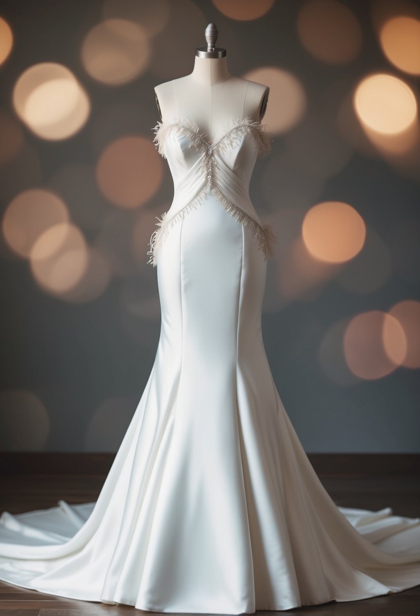 A sleek, hourglass-shaped wedding dress adorned with delicate horsehair trim accents