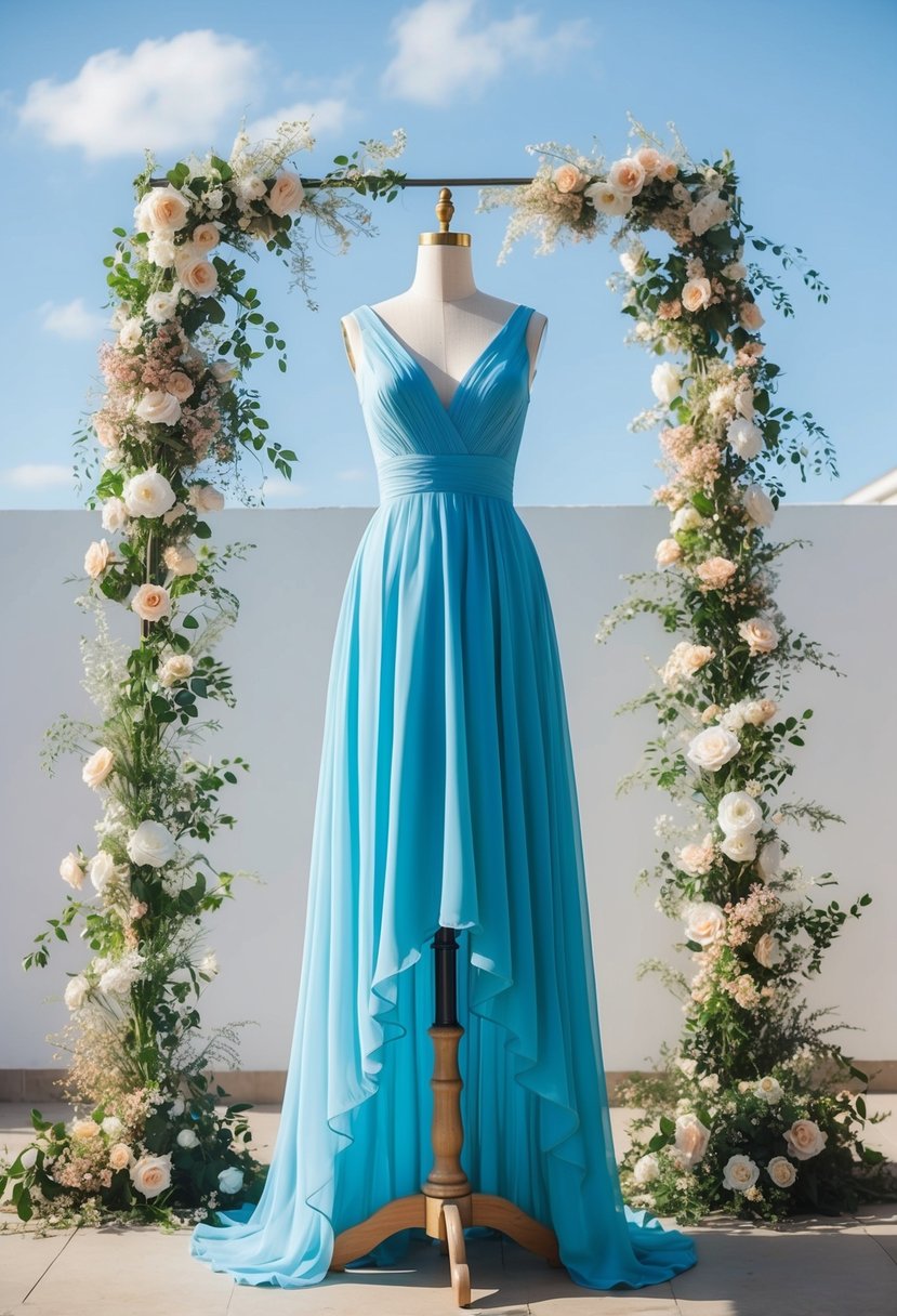 A flowy sky blue high-low hem dress on a mannequin, surrounded by delicate floral arrangements and dappled sunlight