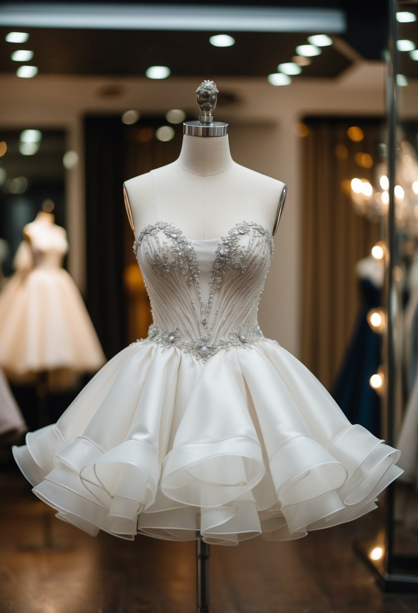 A mannequin adorned in a glamorous flounced skirts hourglass shape wedding dress