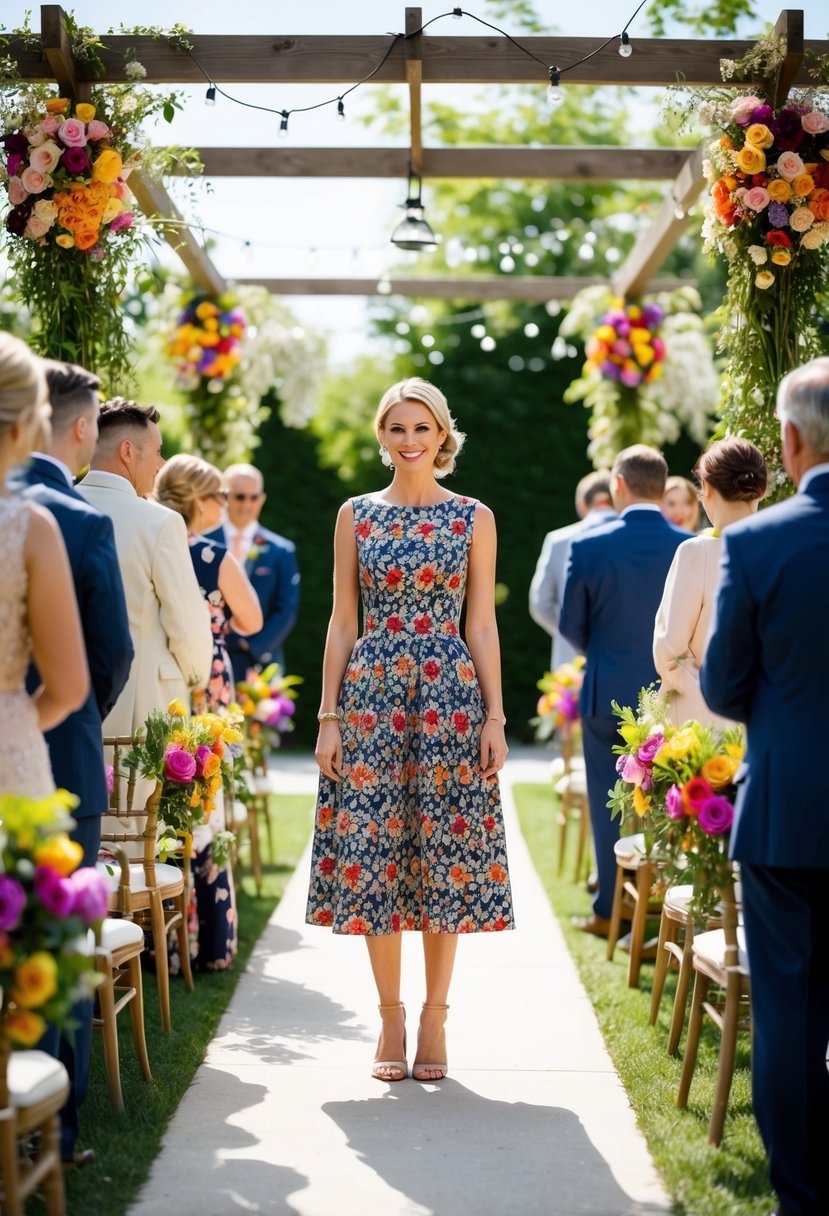 A sunny garden wedding with colorful floral decor, where a patterned midi A-line dress stands out among the guests